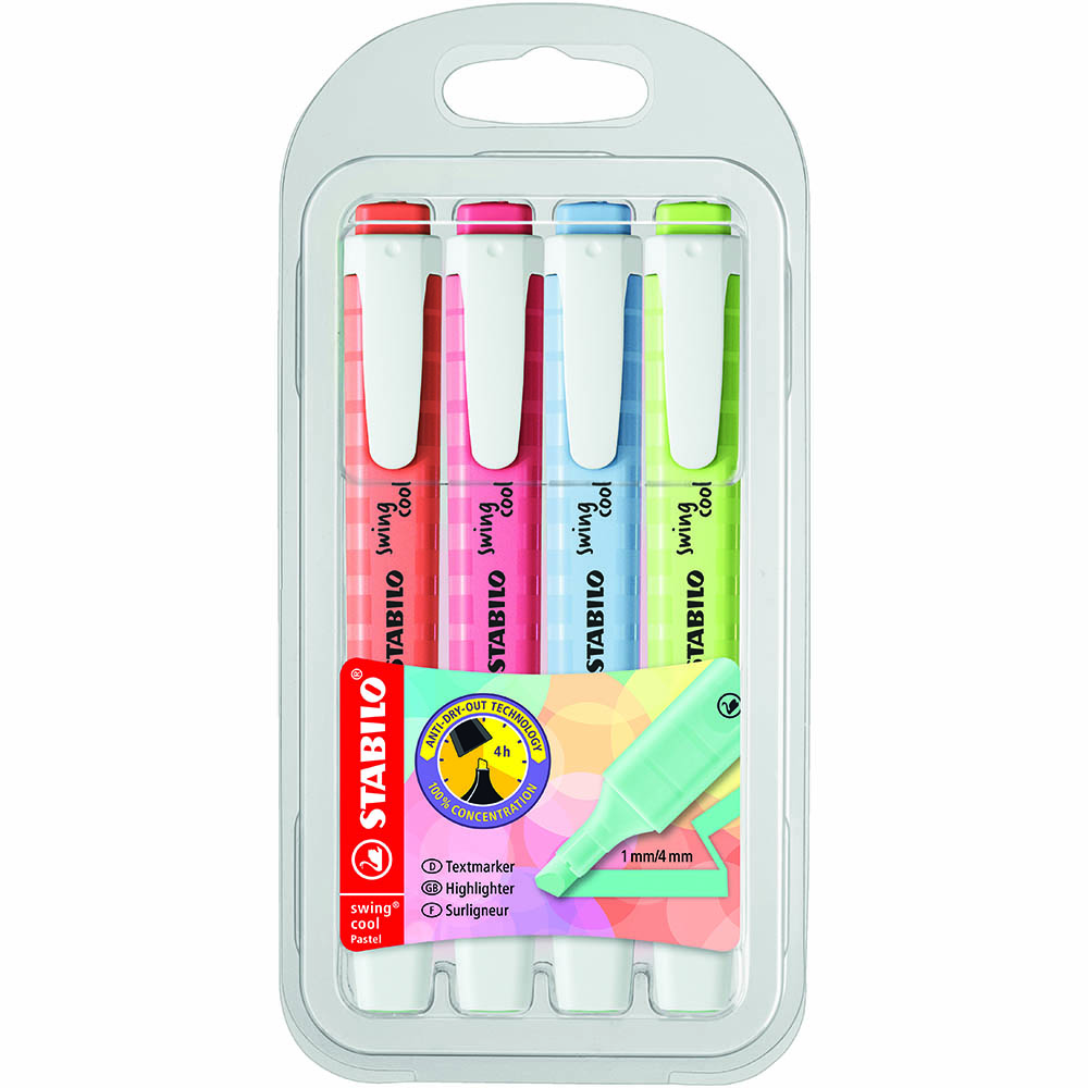 Image for STABILO SWING COOL HIGHLIGHTER CHISEL PASTEL SET 1 ASSORTED PACK 4 from Complete Stationery Office National (Devonport & Burnie)