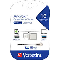 verbatim store-n-go android smartphone tablet dual usb drive 16gb silver metal