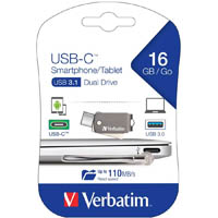 verbatim usb-c smartphone tablet dual flash drive usb 16gb grey