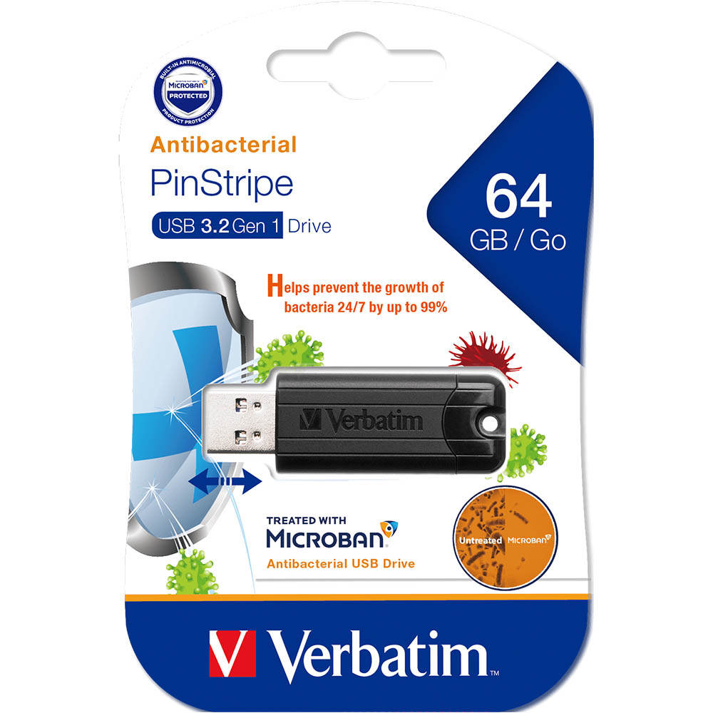 Image for VERBATIM MICROBAN STORE-N-GO PINSTRIPE USB FLASH DRIVE 3.0 64GB BLACK from Sterling's Office National