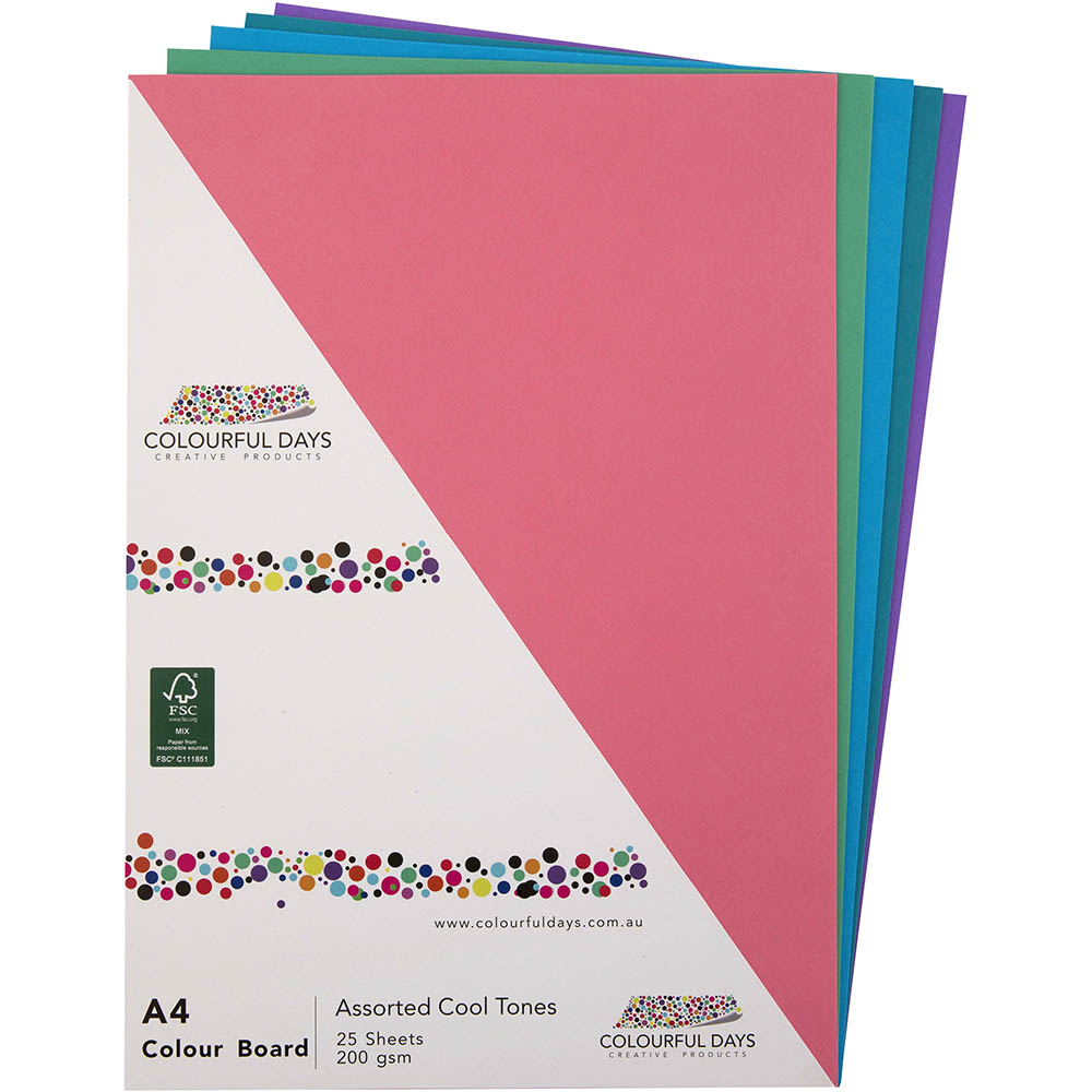 Image for COLOURFUL DAYS COLOURBOARD 200GSM A4 COOL ASSORTED COLOURS PACK 25 from Office National Sydney Stationery