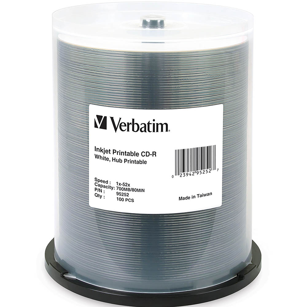 Image for VERBATIM CD-R 700MB 52X PRINTABLE SPINDLE WHITE PACK 100 from Office National Kalgoorlie