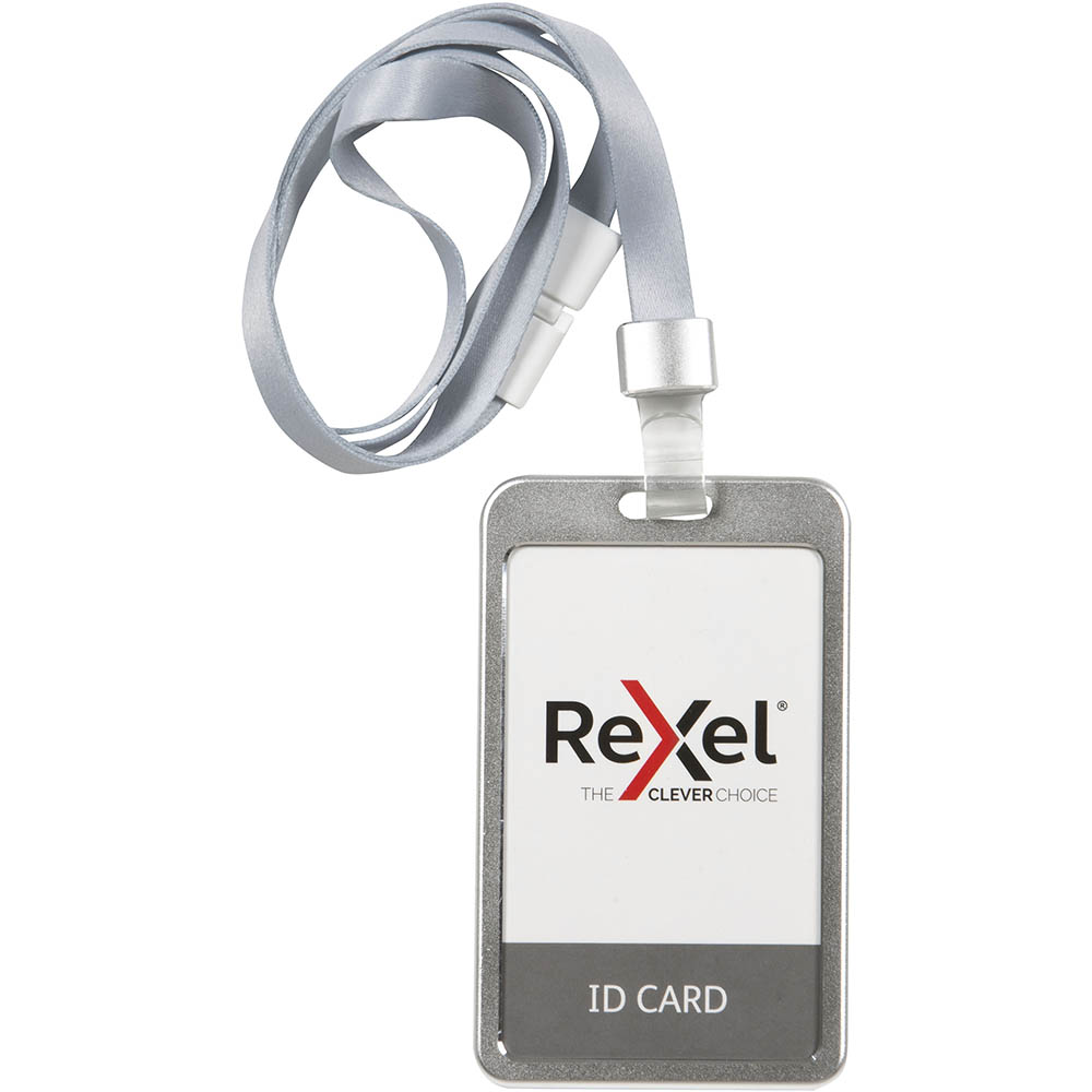 Image for REXEL ID CARD HOLDER WITH LANYARD PORTRAIT ALUMINIUM SILVER from Aztec Office National