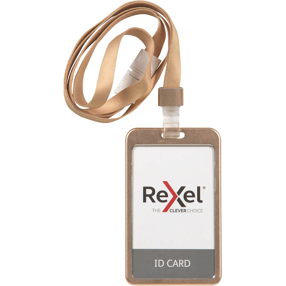Image for REXEL ID CARD HOLDER WITH LANYARD PORTRAIT ALUMINIUM ROSE GOLD from Premier Office National