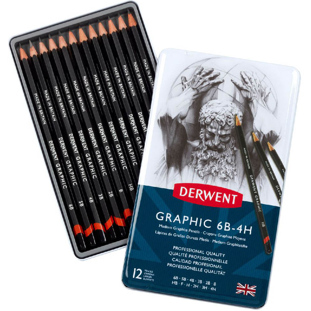 Image for DERWENT GRAPHIC PENCIL MEDIUM SET TIN 12 from Coleman's Office National