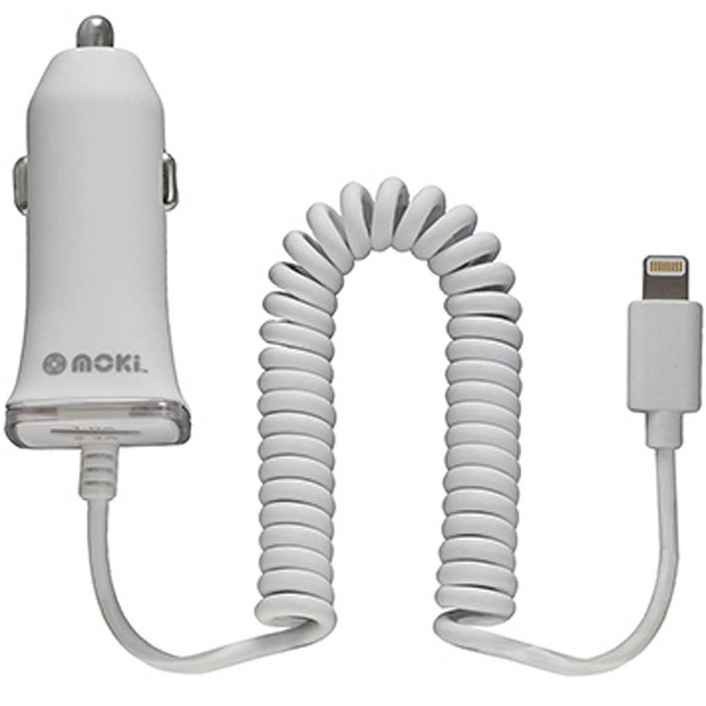 Image for MOKI FIXED CAR CHARGER LIGHTNING CABLE WHITE from OFFICE NATIONAL CANNING VALE