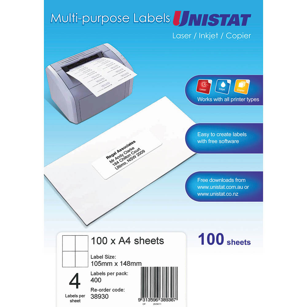 Image for UNISTAT 38930 MULTI-PURPOSE LABEL 4UP 105 X 148MM WHITE PACK 100 from Office National