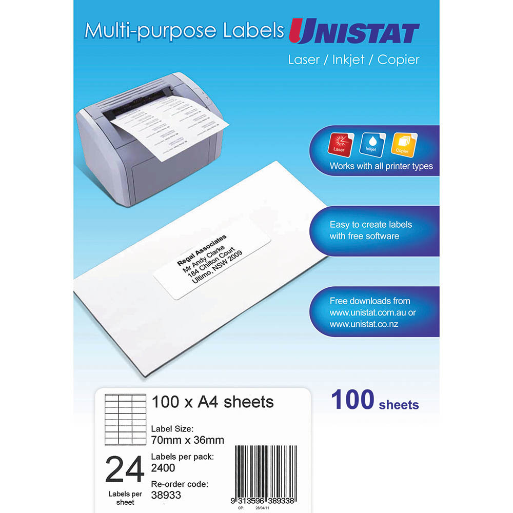 Image for UNISTAT 38933 MULTI-PURPOSE LABELS 24UP 70 X 36MM WHITE PACK 100 from Surry Office National