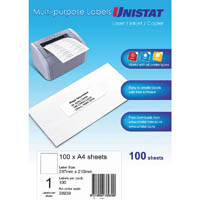 unistat 38939 multi-purpose label 1up 297 x 210mm white pack 100