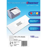 unistat 38941 multi-purpose label 21up 63.5 x 38mm white pack 100