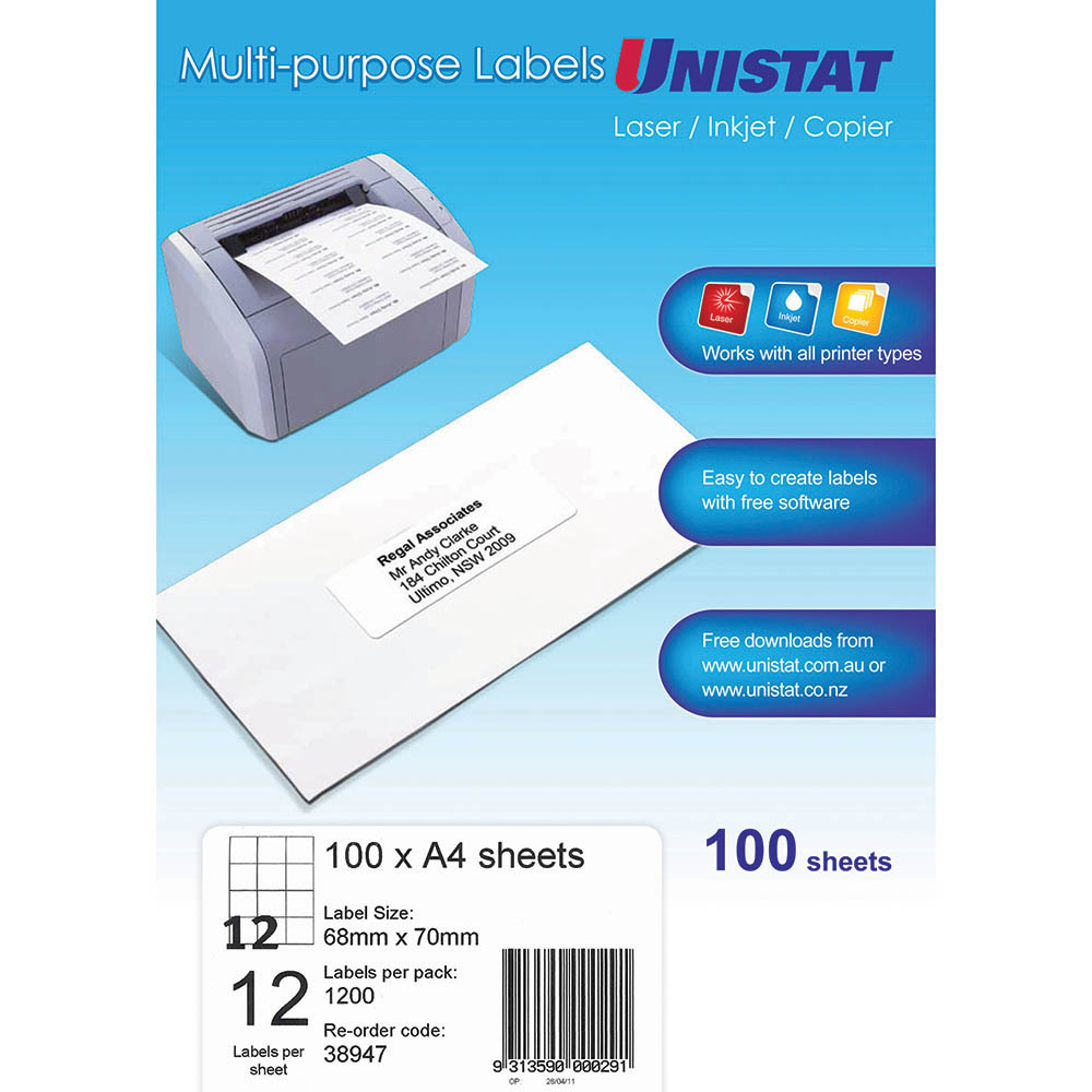 Image for UNISTAT 38947 MULTI-PURPOSE LABEL 12UP 68 X 70MM WHITE PACK 100 from Office National Kalgoorlie