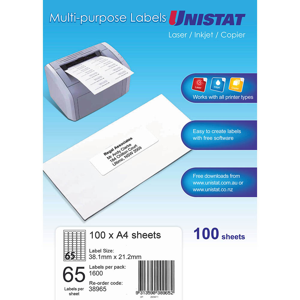 Image for UNISTAT 38965 MULTI-PURPOSE LABEL 65UP 38.1 X 21.2MM WHITE PACK 100 from Complete Stationery Office National (Devonport & Burnie)