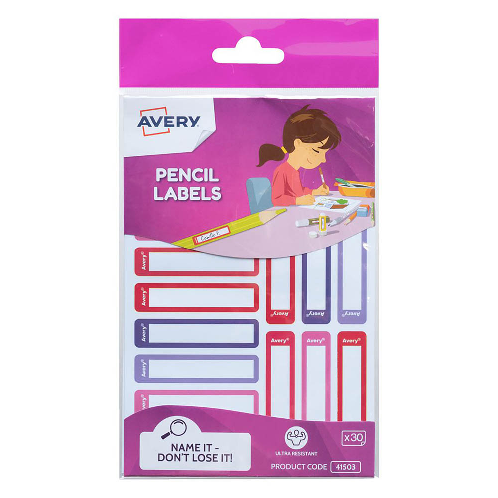 Image for AVERY 41503 KIDS PENCIL LABELS PINK AND PURPLE PACK 30 from Office National Perth CBD