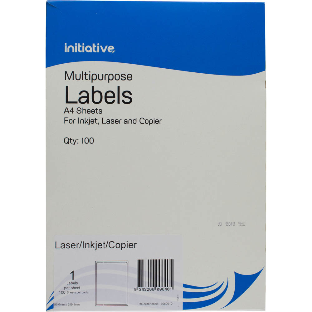 Image for INITIATIVE MULTI-PURPOSE LABELS 1UP 199.6 X 289.1MM PACK 100 from OFFICE NATIONAL CANNING VALE