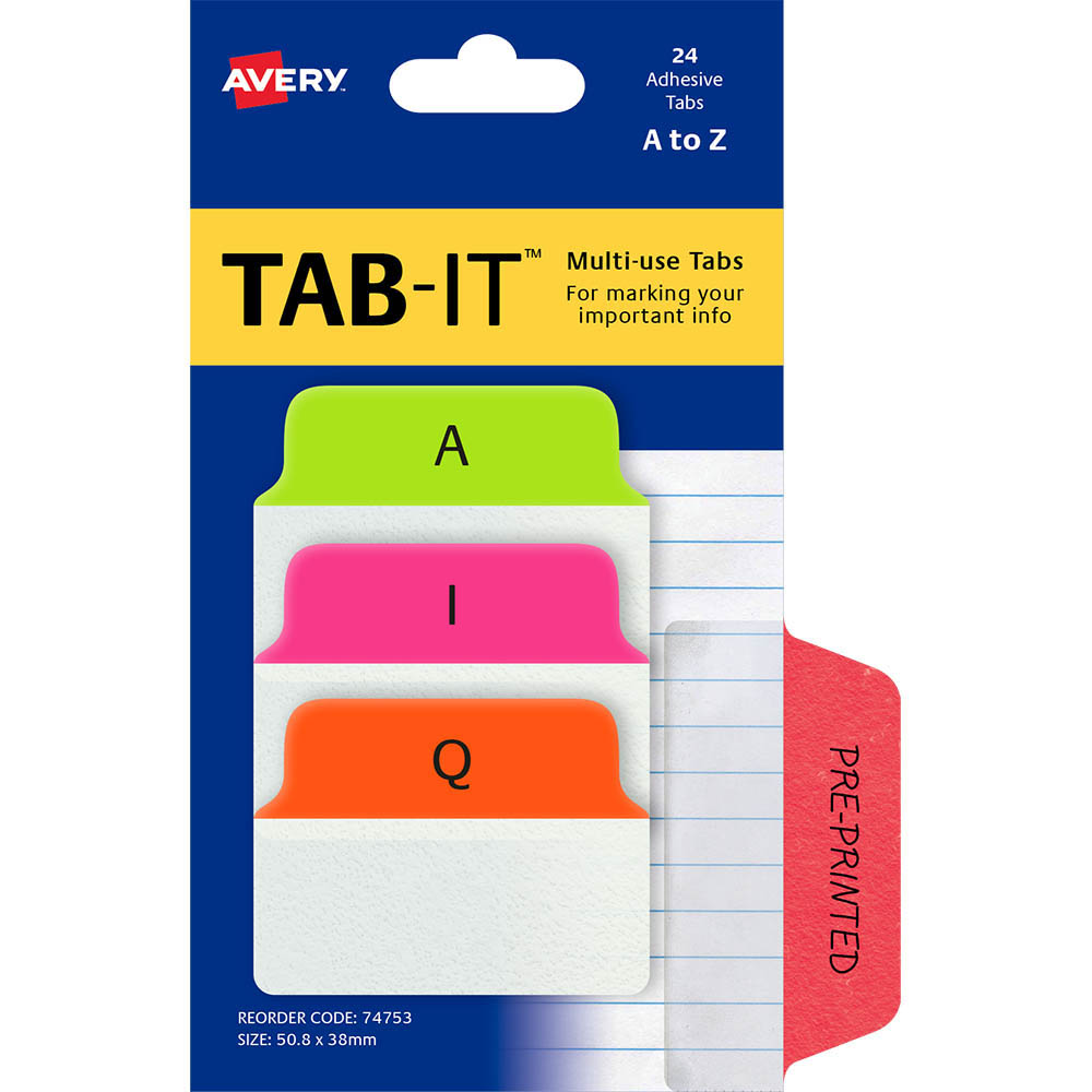 Image for AVERY 74753 MULTIUSE TABS A-Z 50.8 X 38MM NEON PACK 24 from Mackay Business Machines (MBM) Office National