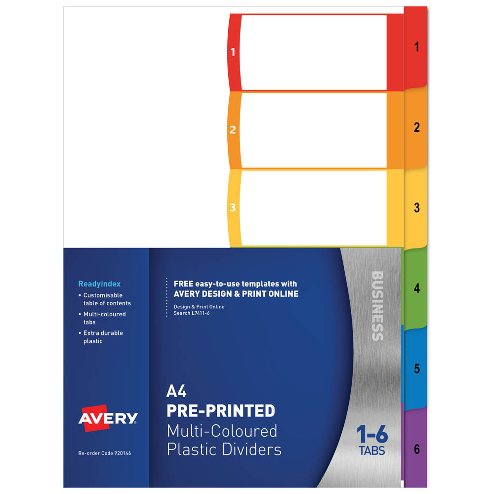 Image for AVERY 920146 L7411-6 CUSTOMISABLE DIVIDER PP MULTICOLOUR 1-6 TABS from Express Office National