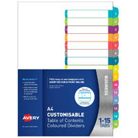 avery 922006 l7411-15 customisable table of contents coloured divider 1-15 tab a4