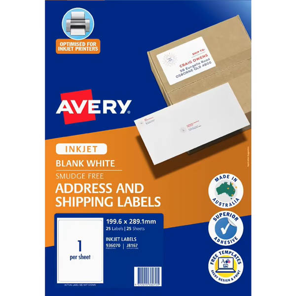 Image for AVERY 936070 J8167 ADDRESS AND SHIPPING LABEL SMUDGE FREE INKJET 1UP WHITE PACK 25 from Our Town & Country Office National