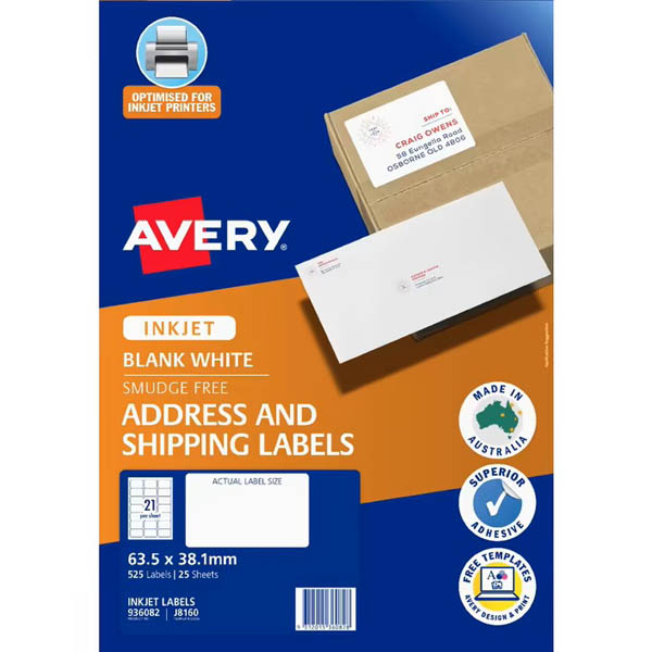 Image for AVERY 936082 J8160 QUICK PEEL ADDRESS AND SHIPPING LABEL SURE FEED INKJET 21UP WHITE PACK 25 from Express Office National