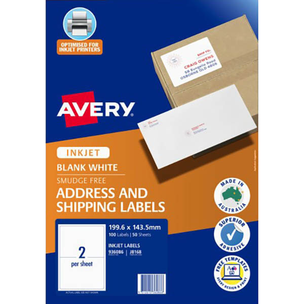 Image for AVERY 936086 J8168 ADDRESS AND SHIPPING LABEL SMUDGE FREE INKJET 2UP WHITE PACK 50 from Two Bays Office National