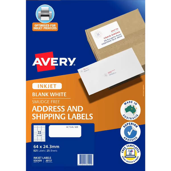 Image for AVERY 936109 J8157 QUICK PEEL ADDRESS AND SHIPPING LABEL SURE FEED INKJET 33UP WHITE PACK 25 from Discount Office National