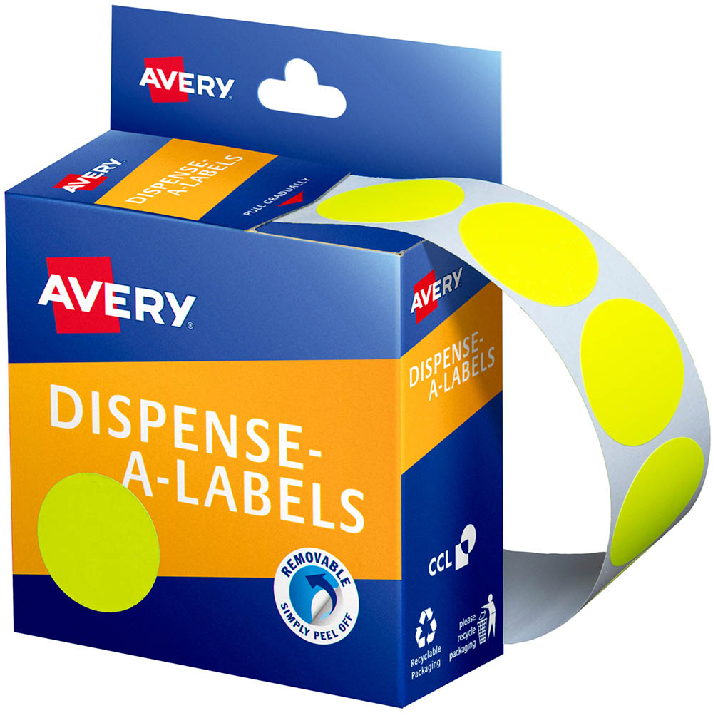 Image for AVERY 937295 ROUND LABEL DISPENSER 24MM FLUORO YELLOW BOX 350 from Coffs Coast Office National
