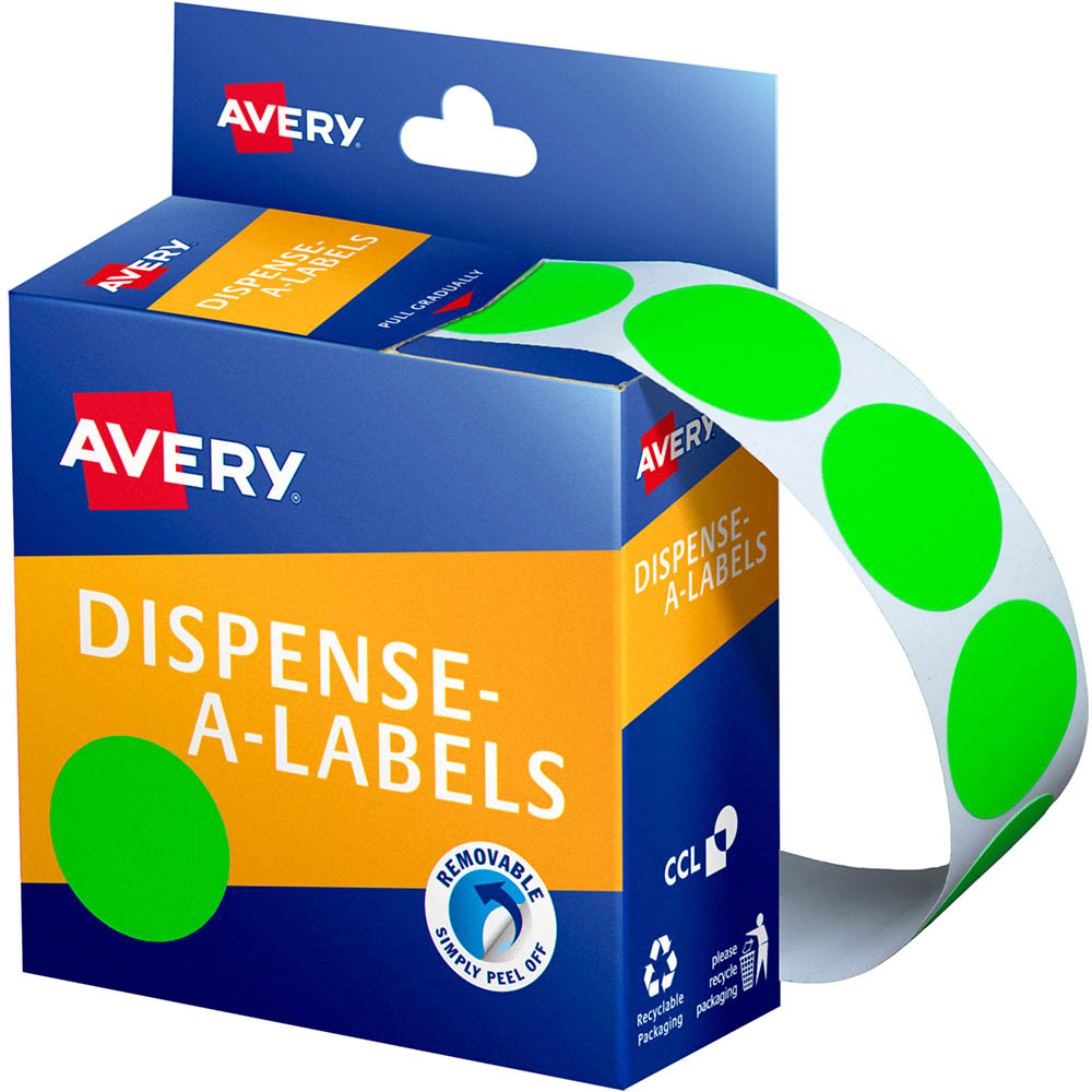 Image for AVERY 937297 ROUND LABEL DISPENSER 24MM FLUORO GREEN BOX 350 from Our Town & Country Office National