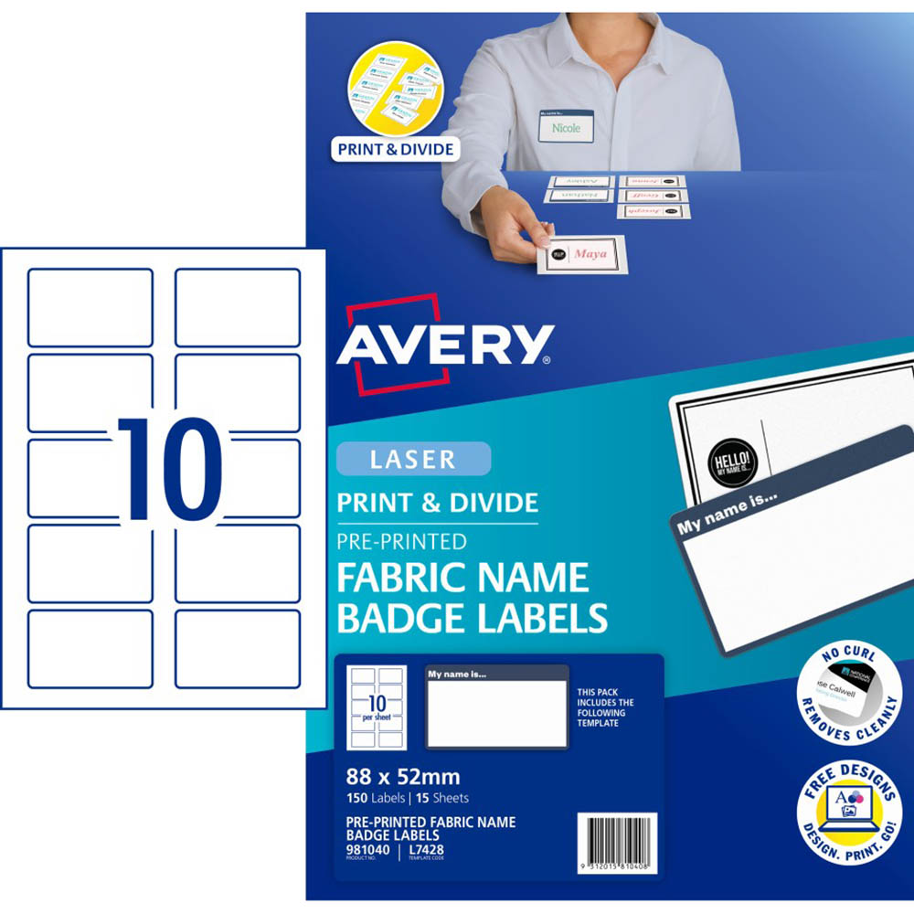 Image for AVERY L7428 FABRIC NAME BADGE LABELS 88 X 52MM PACK 15 from Absolute MBA Office National