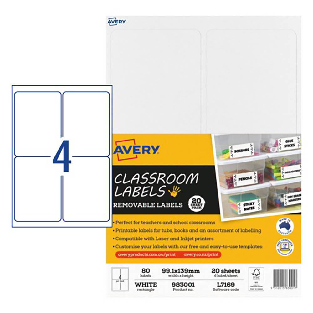 Image for AVERY 983001 CLASSROOM LABELS 99.1 X 139MM WHITE PACK 20 from SBA Office National - Darwin