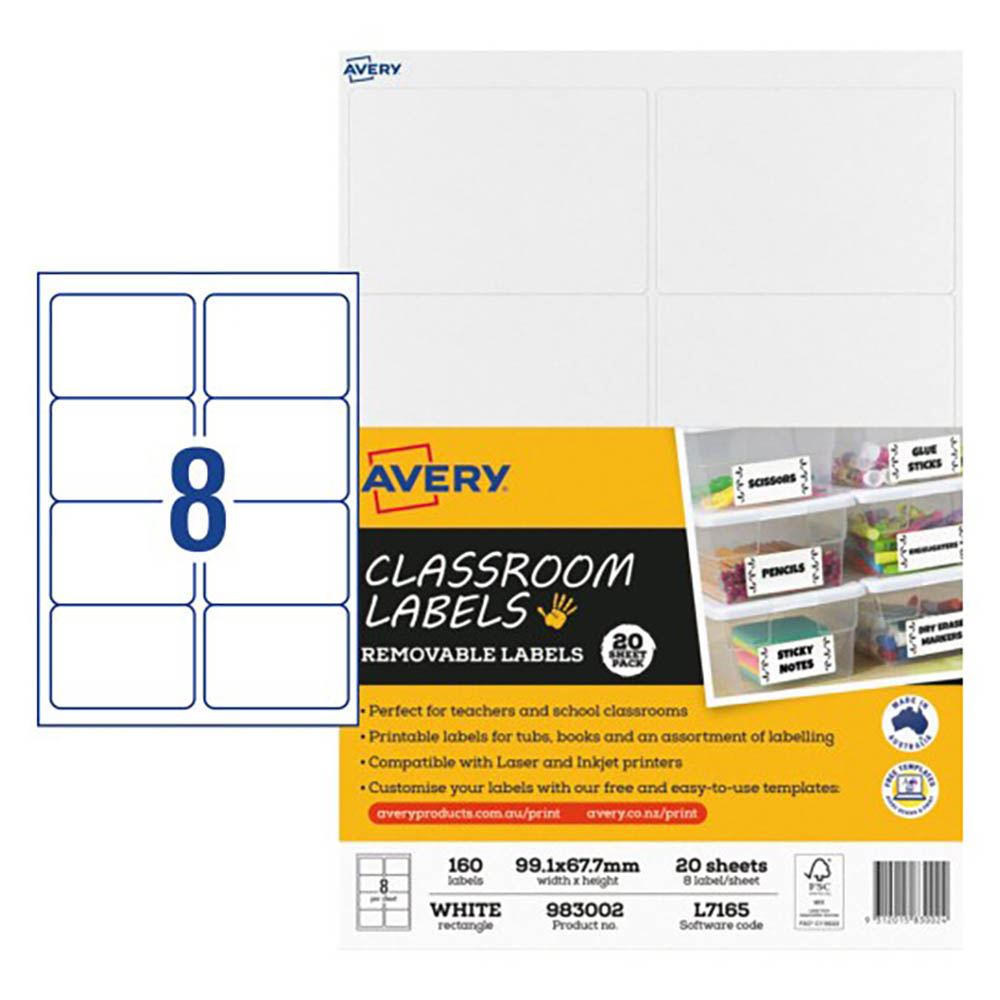 Image for AVERY 983002 CLASSROOM LABELS 99.1 X 67.7MM WHITE PACK 20 from Discount Office National