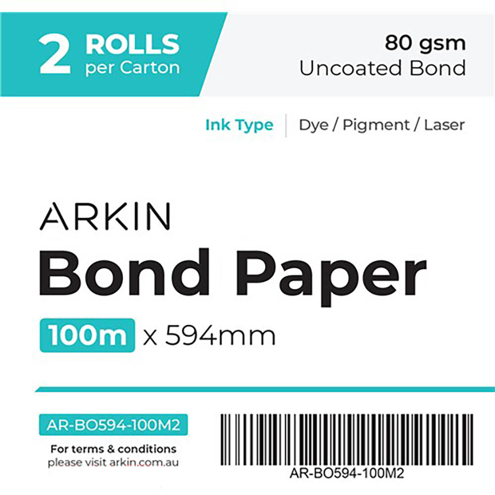 Image for ARKIN BOND PAPER 80GSM 100M X 594MM 2 ROLLS from Absolute MBA Office National