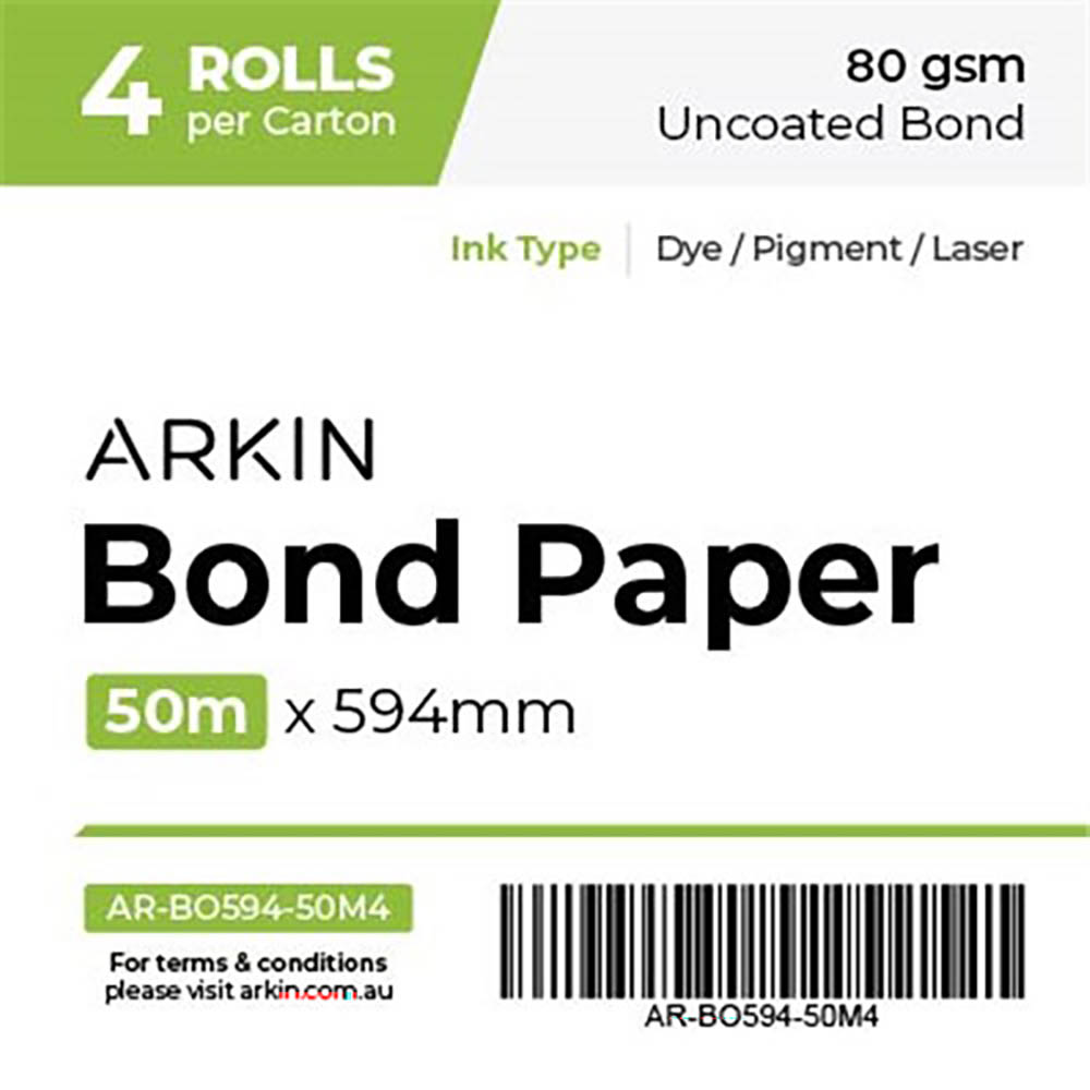Image for ARKIN BOND PAPER 80GSM 50M X 594MM 4 ROLLS from Office National Kalgoorlie