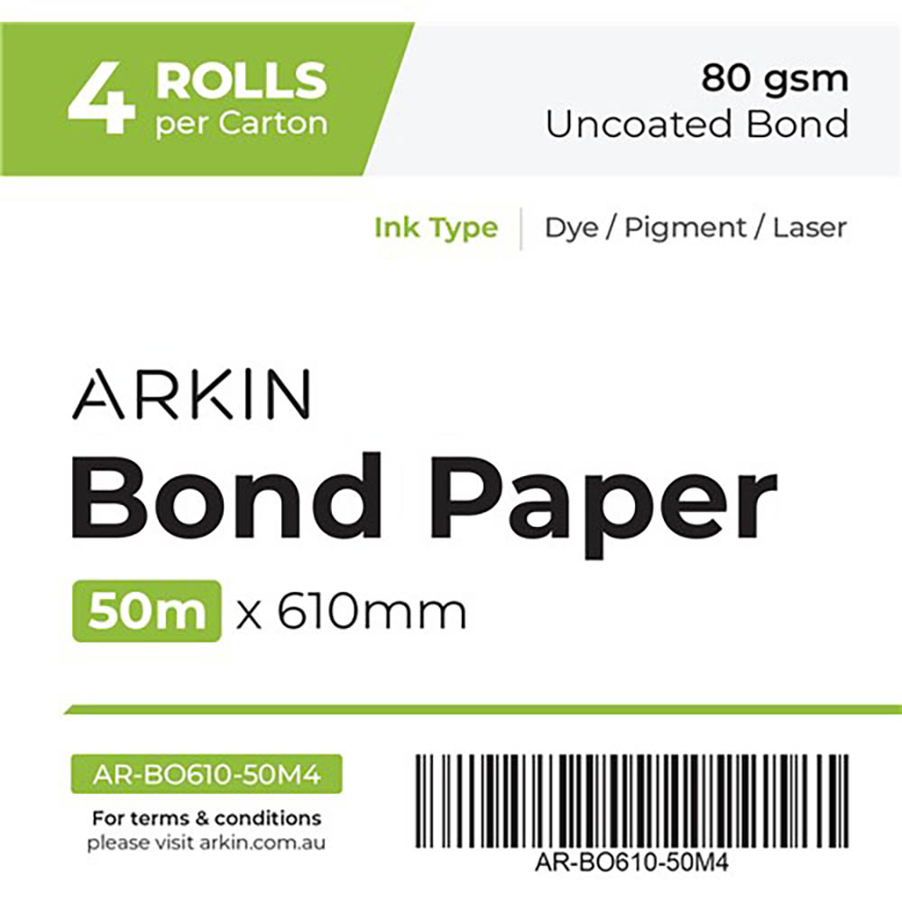 Image for ARKIN BOND PAPER 80GSM 50M X 610MM 4 ROLLS from PaperChase Office National