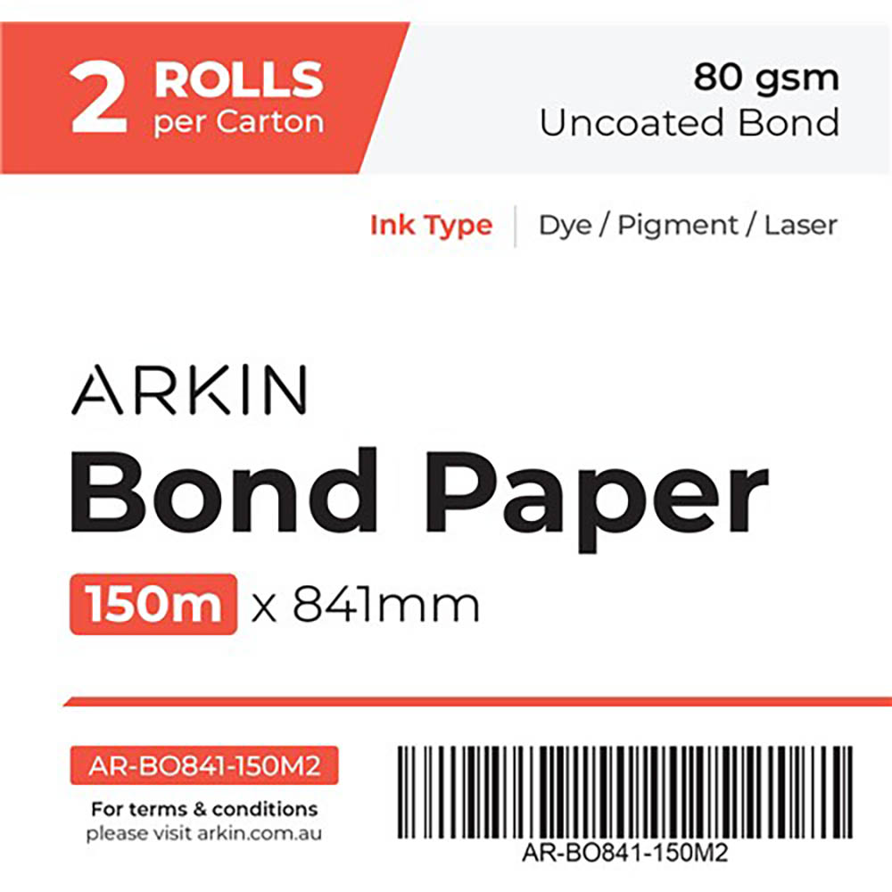 Image for ARKIN BOND PAPER 80GSM 150M X 841MM 2 ROLLS from Connelly's Office National