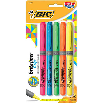Image for BIC BRITELINER GRIP HIGHLIGHTER PEN STYLE CHISEL ASSORTED PACK 5 from Office National Perth CBD