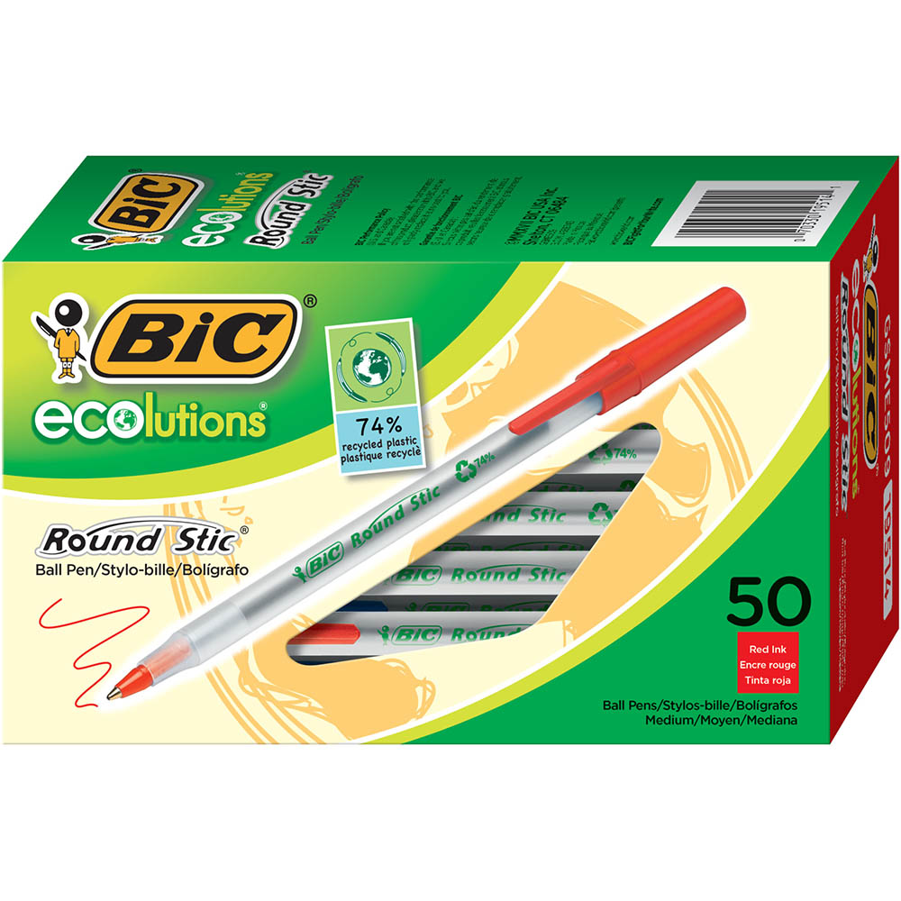 Image for BIC ECOLUTIONS ROUND STIC BALLPOINT PEN MEDIUM RED BOX 50 from Office National Perth CBD