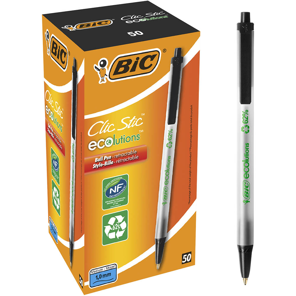 Image for BIC ECOLUTIONS CLIC STIC RETRACTABLE BALLPOINT PEN MEDIUM BLACK BOX 50 from PaperChase Office National