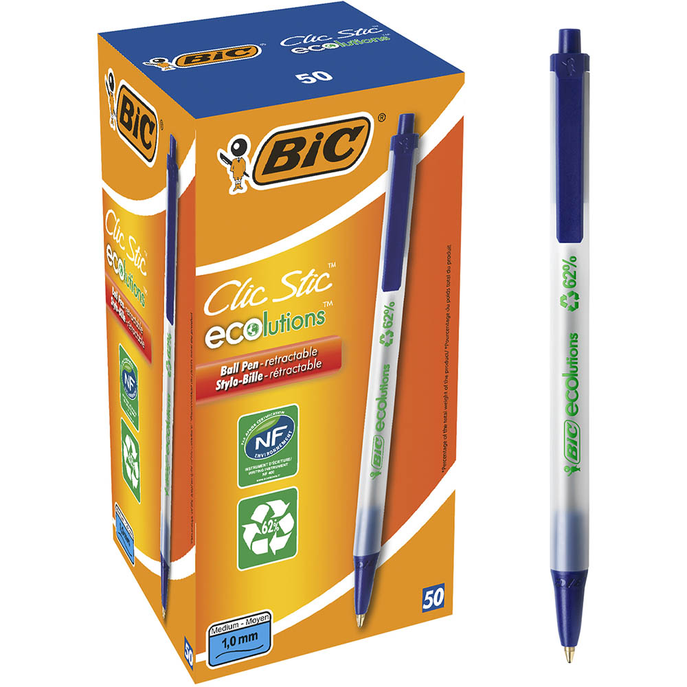 Image for BIC ECOLUTIONS CLIC STIC RETRACTABLE BALLPOINT PEN MEDIUM BLUE BOX 50 from PaperChase Office National