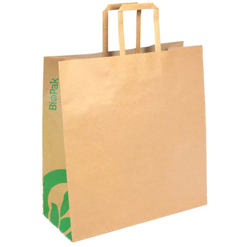 Image for BIOPAK KRAFT PAPER BAGS FLAT HANDLE SMALL 275 X 280 X 150MM CARTON 250 from Office National