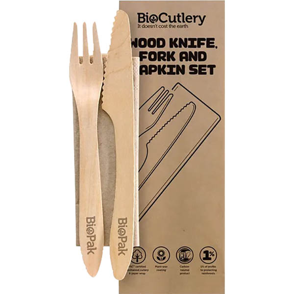 Image for BIOPAK BIOTABLEWARE WOODEN KNIFE, FORK, NAPKIN SET WAX COATED 190MM PACK 100 from Coffs Coast Office National