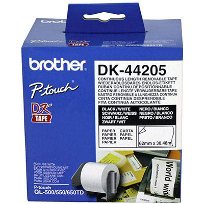 Image for BROTHER DK-44205 REMOVABLE CONTINUOUS PAPER LABEL ROLL 62MM X 30.48M WHITE from Aztec Office National