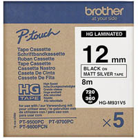 brother hg-m931v5 p-touch high grade labelling tape black on matte silver 12mm pack 5
