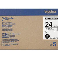 brother hg-m951v5 p-touch high grade labelling tape 24mm black on matte silver pack 5