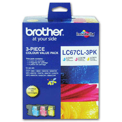 Image for BROTHER LC67CL3PK INK CARTRIDGE VALUE PACK CYAN/MAGENTA/YELLOW from Surry Office National