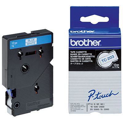 Image for BROTHER TC-203 LAMINATED LABELLING TAPE 12MM BLUE ON WHITE from Connelly's Office National