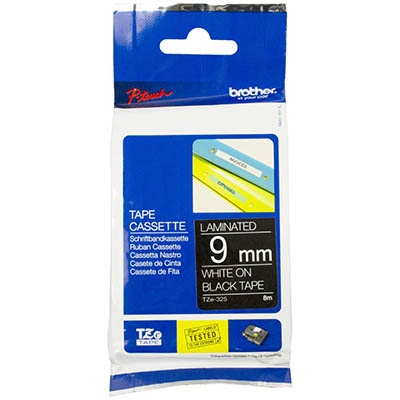 Image for BROTHER TZE-325 LAMINATED LABELLING TAPE 9MM WHITE ON BLACK from OFFICE NATIONAL CANNING VALE