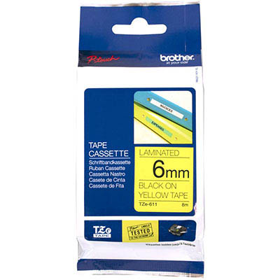 Image for BROTHER TZE-611 LAMINATED LABELLING TAPE 6MM BLACK ON YELLOW from Emerald Office Supplies Office National