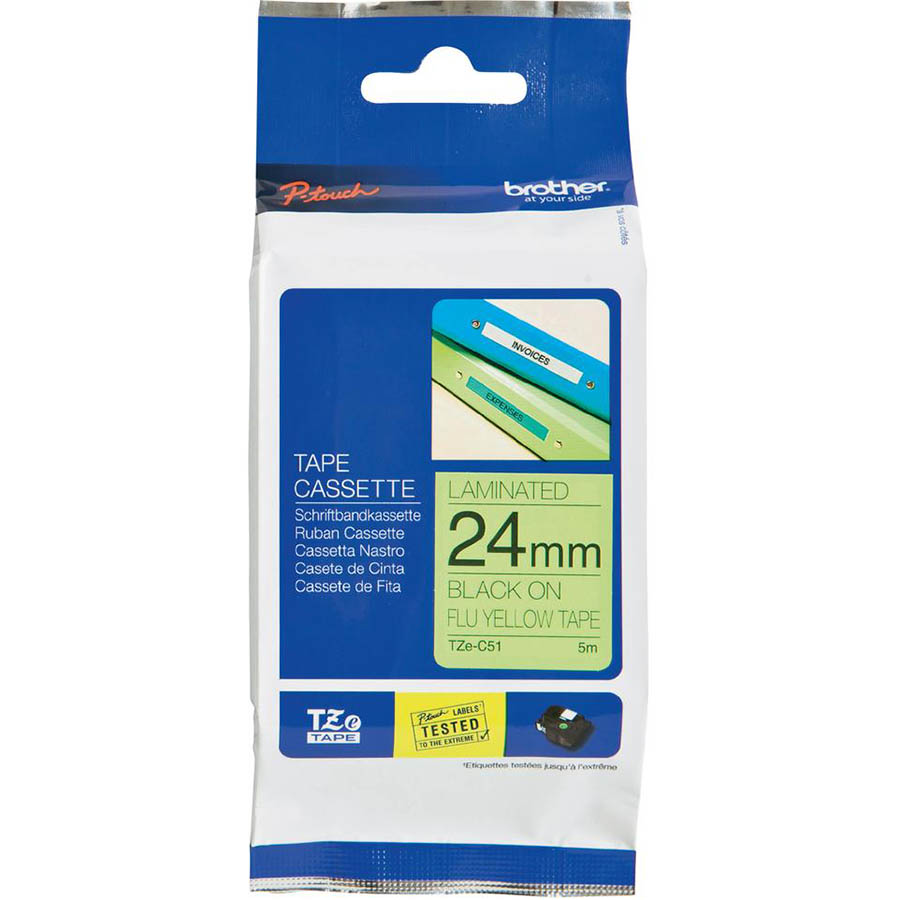 Image for BROTHER TZE-C51 LAMINATED LABELLING TAPE 24MM BLACK ON FLURO YELLOW from Angletons Office National