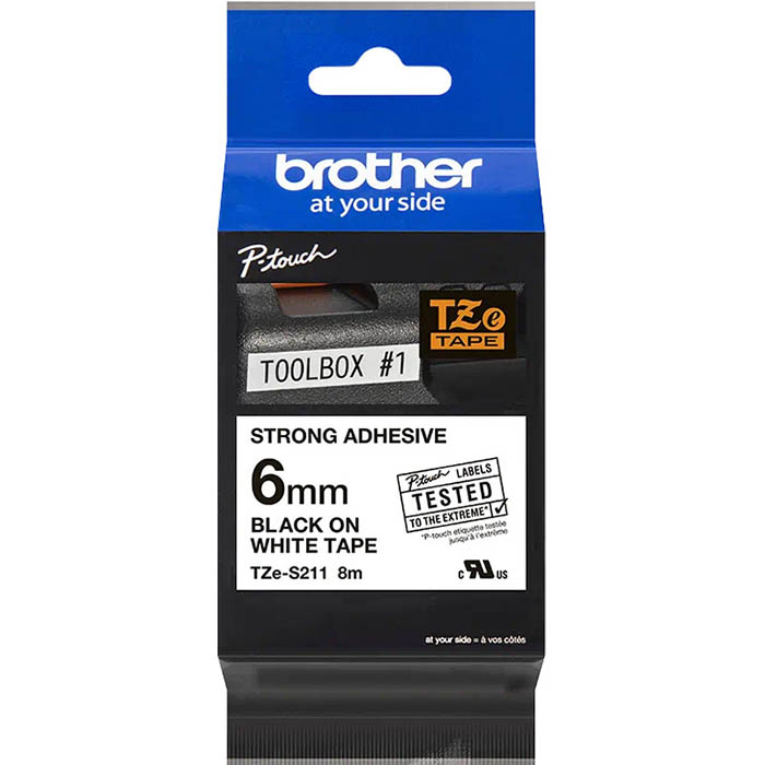 Image for BROTHER TZE-S211 STRONG ADHESIVE LABELLING TAPE 6MM BLACK ON WHITE from Mackay Business Machines (MBM) Office National