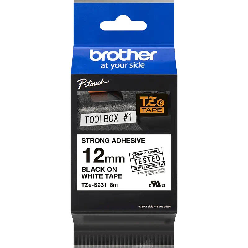 Image for BROTHER TZE-S231 STRONG ADHESIVE LABELLING TAPE 12MM BLACK ON WHITE from Emerald Office Supplies Office National